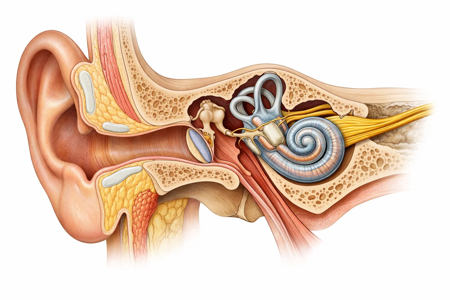 Medical illustration showing cross-section of human ear anatomy with labeled parts including outer ear, middle ear, inner ear, cochlea, and auditory nerve in detailed scientific style