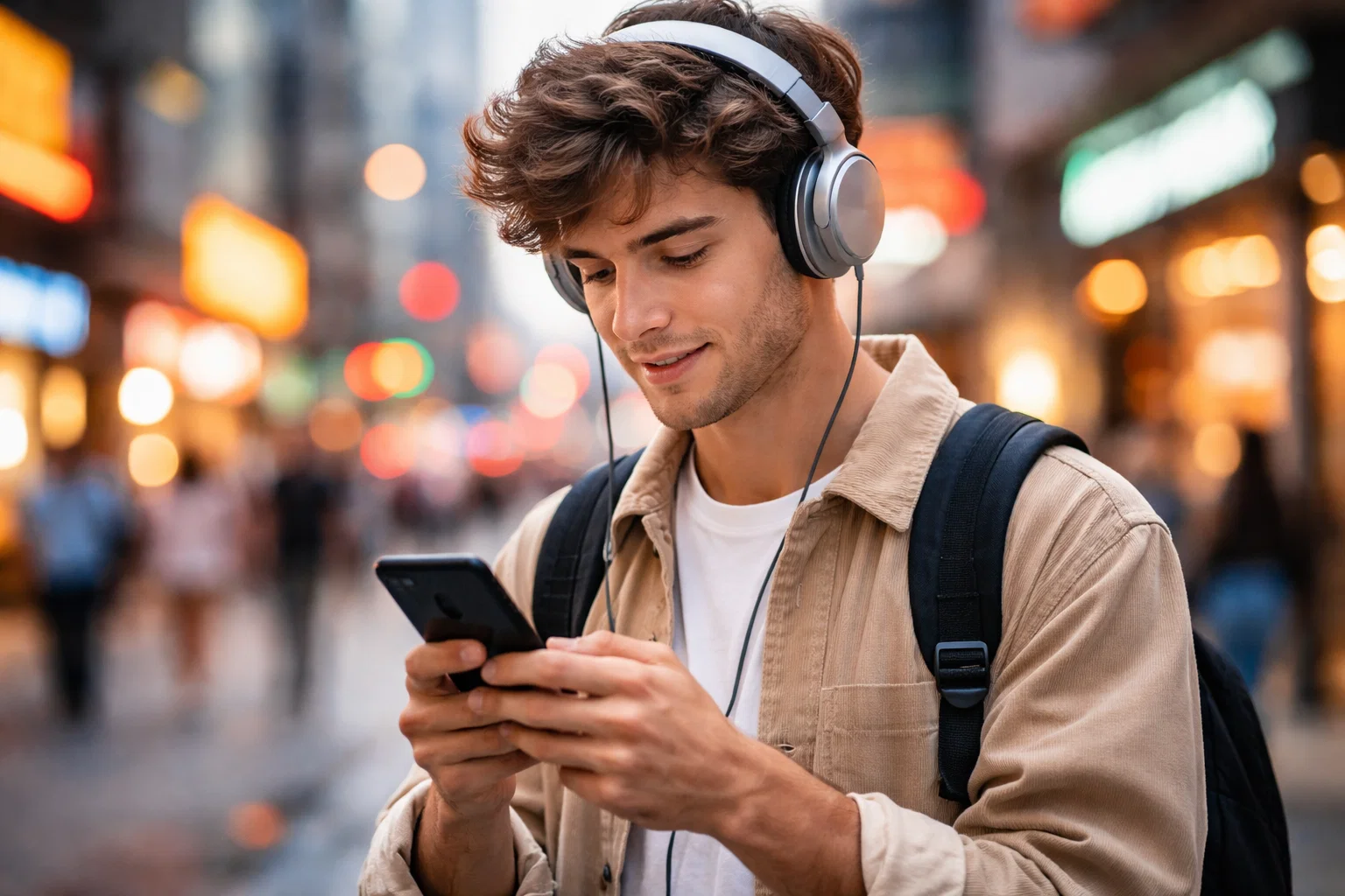 Young person wearing over-ear headphones listening to music on smartphone in urban environment, showing modern listening habits and potential hearing risk